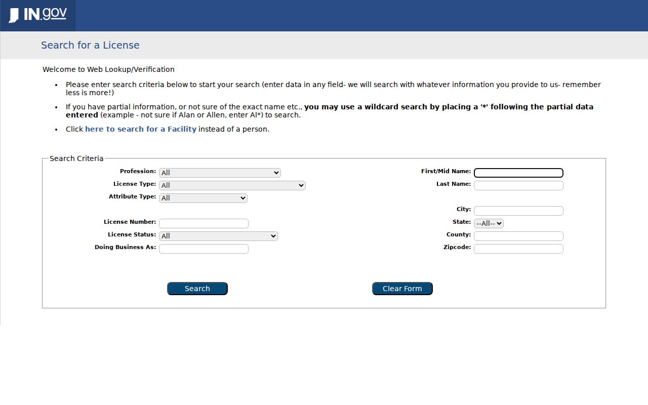 Lawrence resident lookup in the Indiana professional license search
